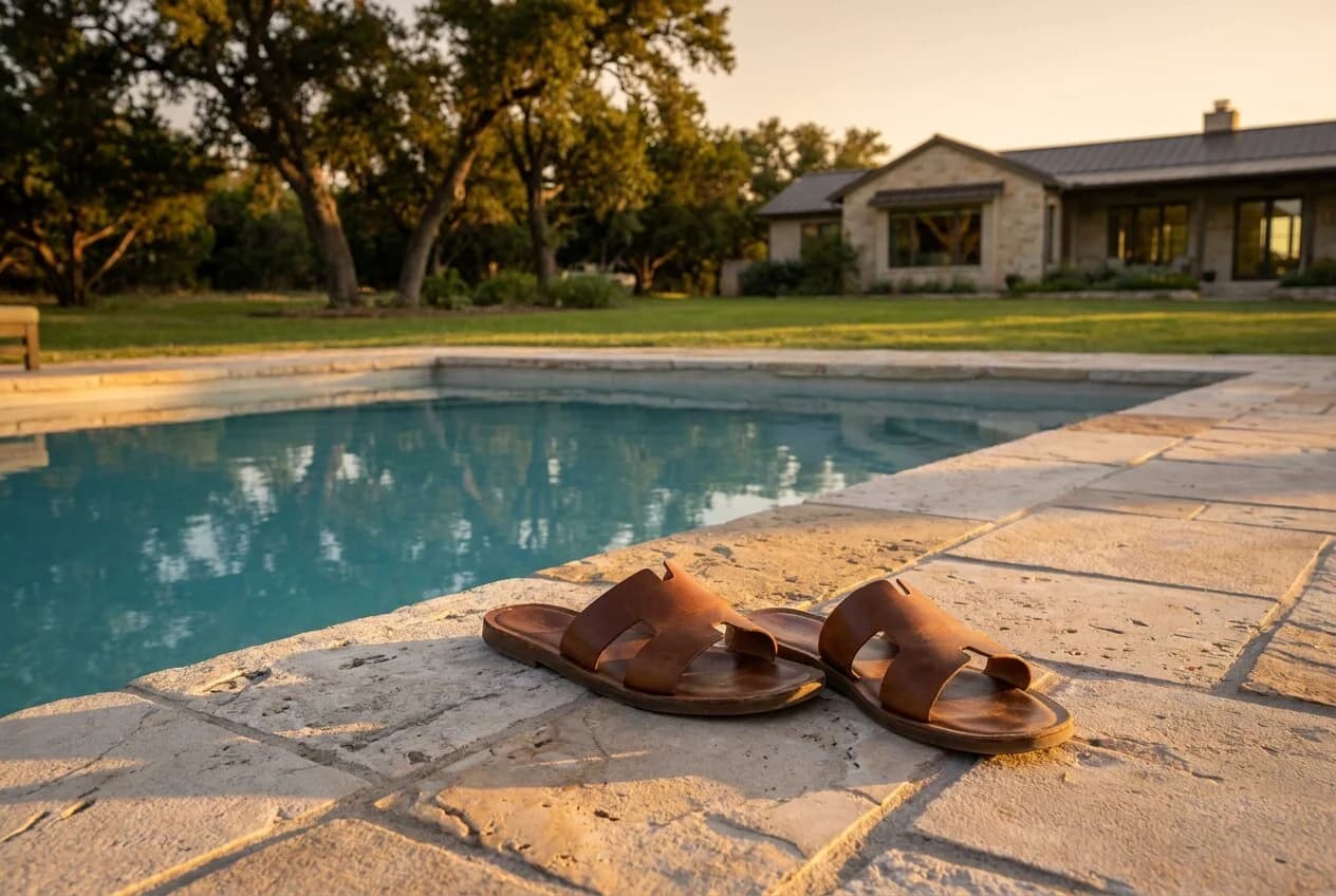 A pristine freeform pool with natural stone coping and lush landscaping in a San Antonio backyard