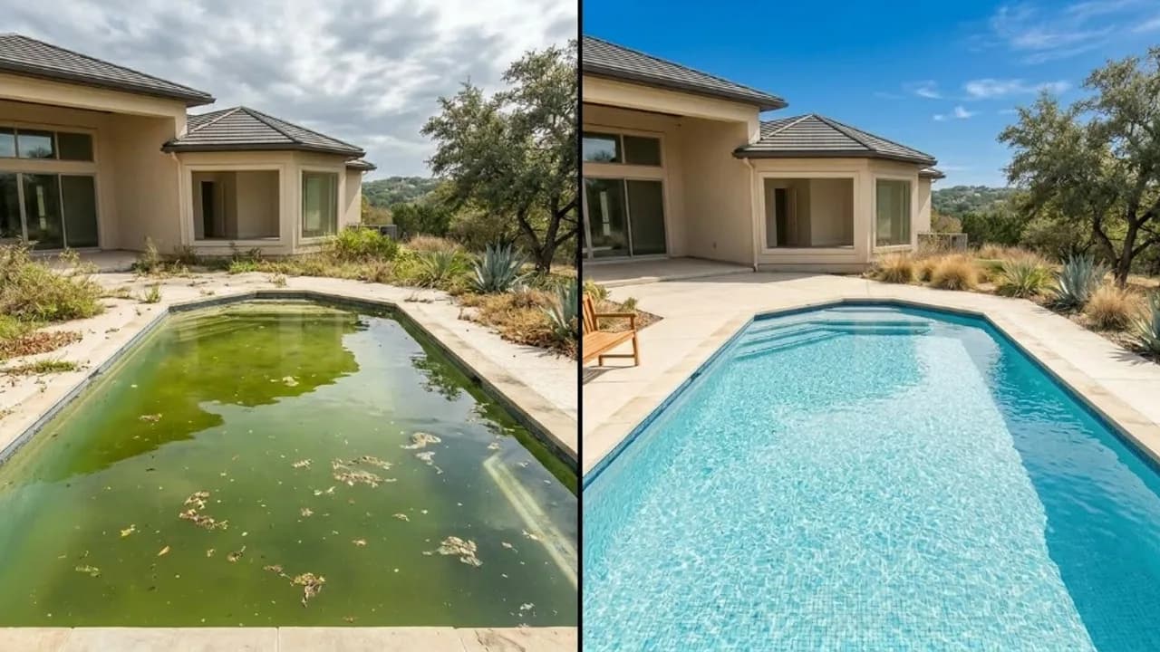 Before-and-after aquatic revival showing a green neglected pool restored to clear blue water