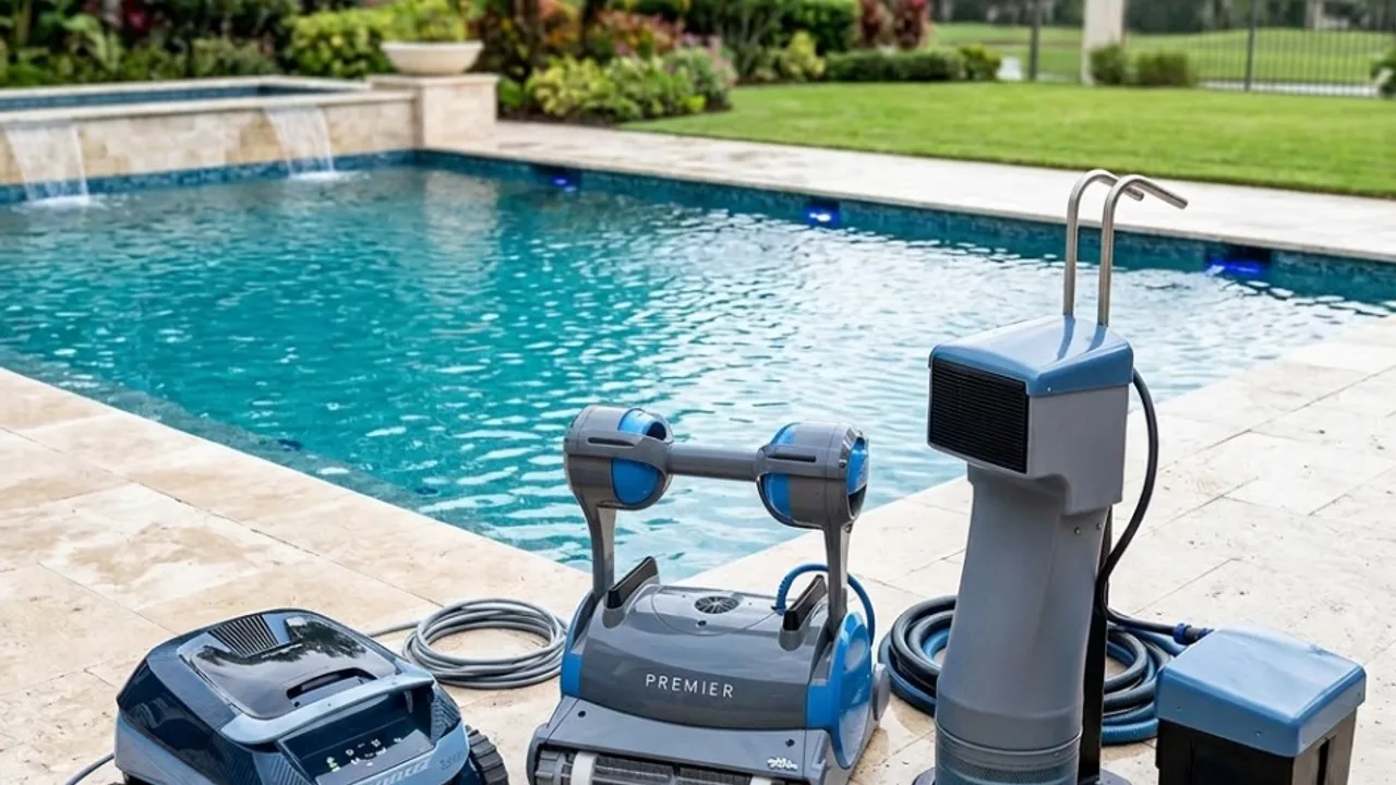 Premium robotic pool cleaners and rental equipment displayed on a patio beside a swimming pool