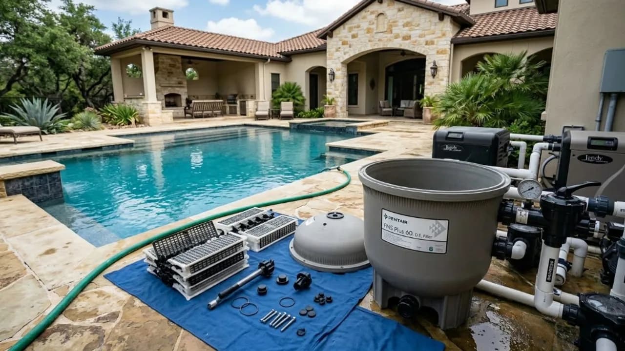 Pentair D.E. filter maintenance with cleaned grid assemblies beside a residential swimming pool
